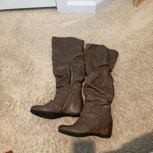 Brown knee high hidden wedge boot
